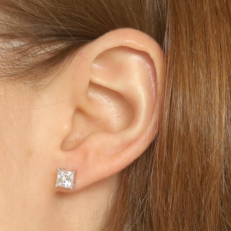 Princess Cut White Gold Diamond Stud Earrings - 14k Princess 1.75ctw GSI Pierced Screw-Ons For Sale