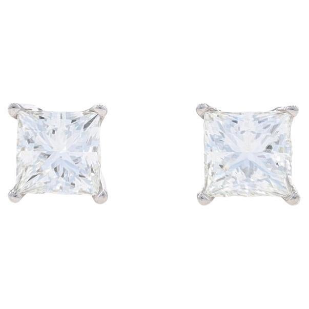 White Gold Diamond Stud Earrings - 14k Princess 1.75ctw GSI Pierced Screw-Ons For Sale