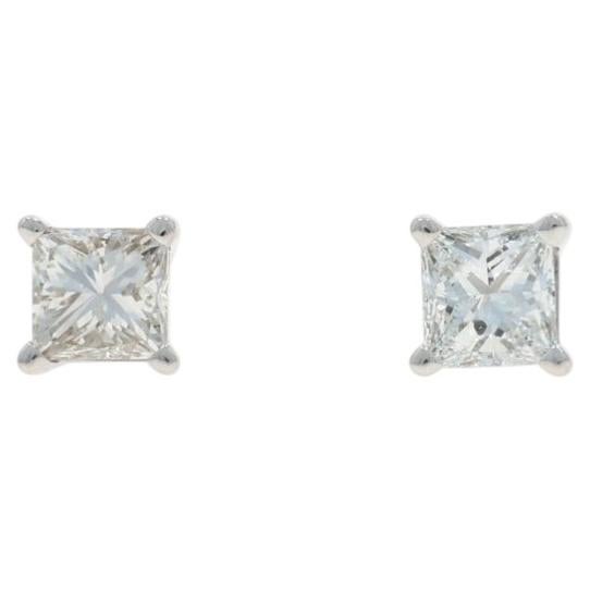 White Gold Diamond Stud Earrings - 14k Princess .70ctw Pierced For Sale