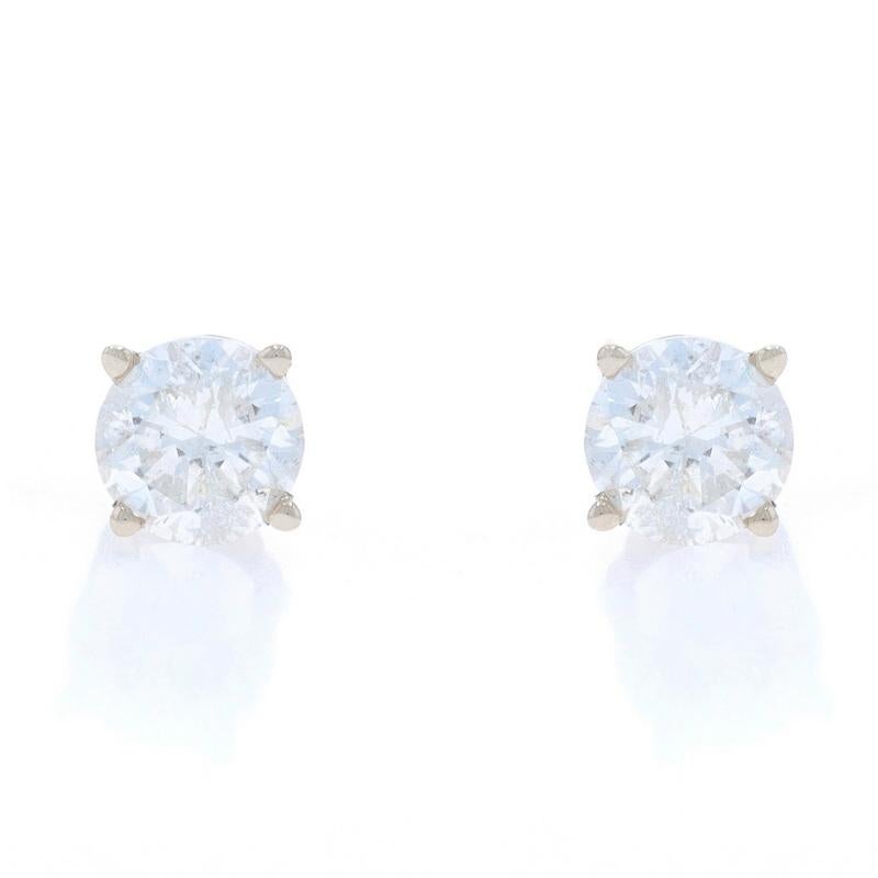 White Gold Diamond Stud Earrings - 14k Round Brilliant 1.04ctw Pierced In Excellent Condition For Sale In Greensboro, NC