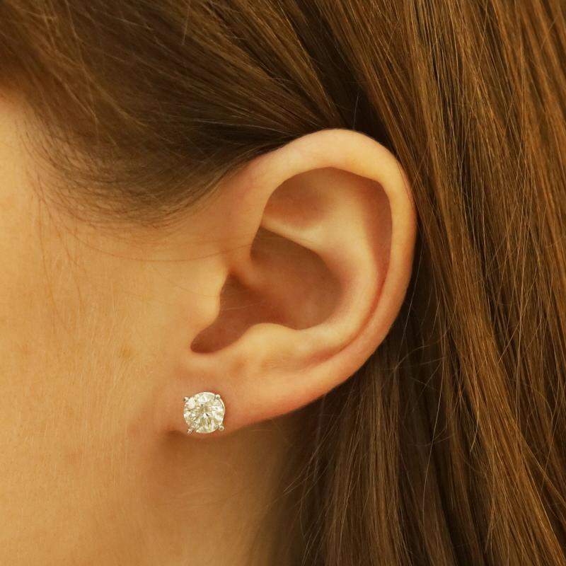 White Gold Diamond Stud Earrings - 14k Round Brilliant 2ctw Pierced Screw-Ons In Excellent Condition For Sale In Greensboro, NC