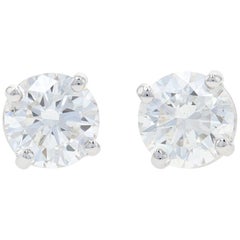 White Gold Diamond Stud Earrings, 14k Round Brilliant Cut 1.42 Carat Pierced GIA