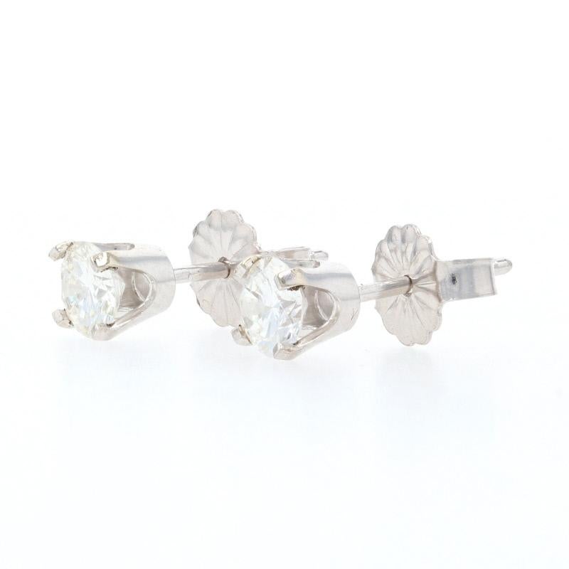 Round Cut White Gold Diamond Stud Earrings, 14 Karat Round Brilliant Cut .60 Carat Pierced For Sale