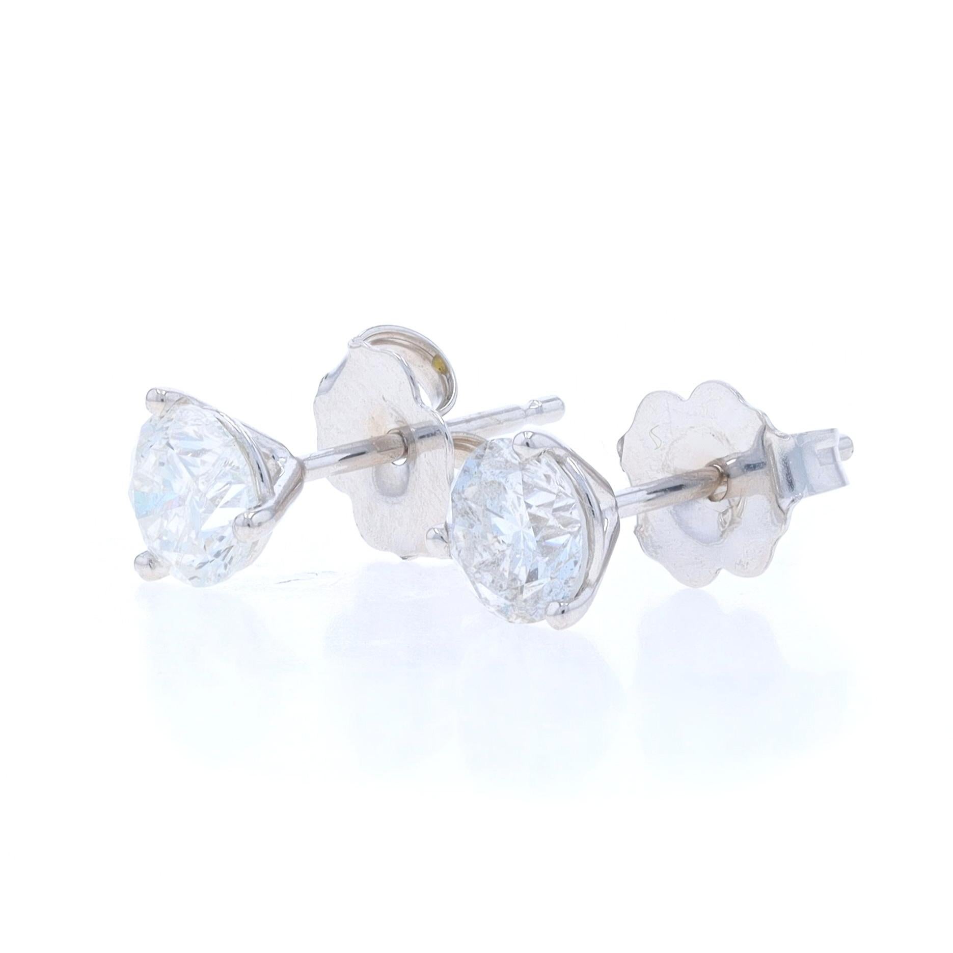 Round Cut White Gold Diamond Stud Earrings - 14k Round Brilliant Cut .92ctw Pierced For Sale