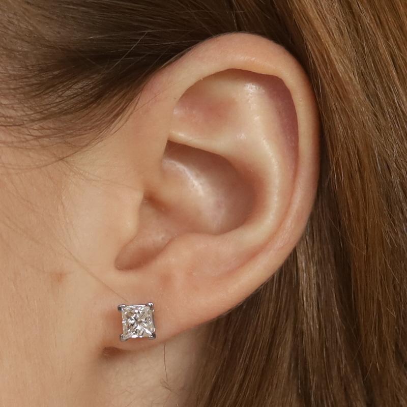 Princess Cut White Gold Diamond Stud Earrings - 18k Princess 1.62ctw GIA Pierced For Sale