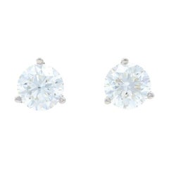 Antique White Gold Diamond Stud Earrings, 18k Round Brilliant Cut 1.84ctw GIA Pierced