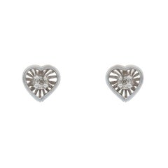 White Gold Diamond Sunburst Heart Stud Earrings - 14k Single Cut Love Pierced