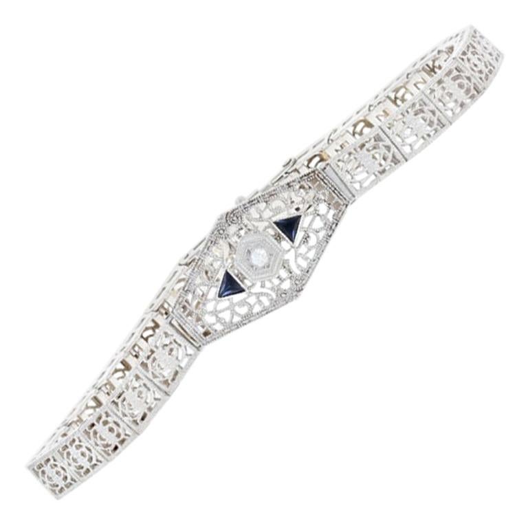 White Gold Diamond & Synthetic Sapphire Art Deco Bracelet 14 Karat Single .32ctw For Sale