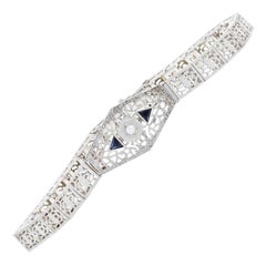 White Gold Diamond & Synthetic Sapphire Art Deco Bracelet 14 Karat Single .32ctw