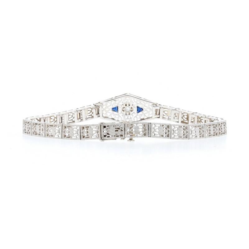 White Gold Diamond & Synthetic Sapphire Art Deco Bracelet 14 Karat Single .32ctw In Excellent Condition For Sale In Greensboro, NC