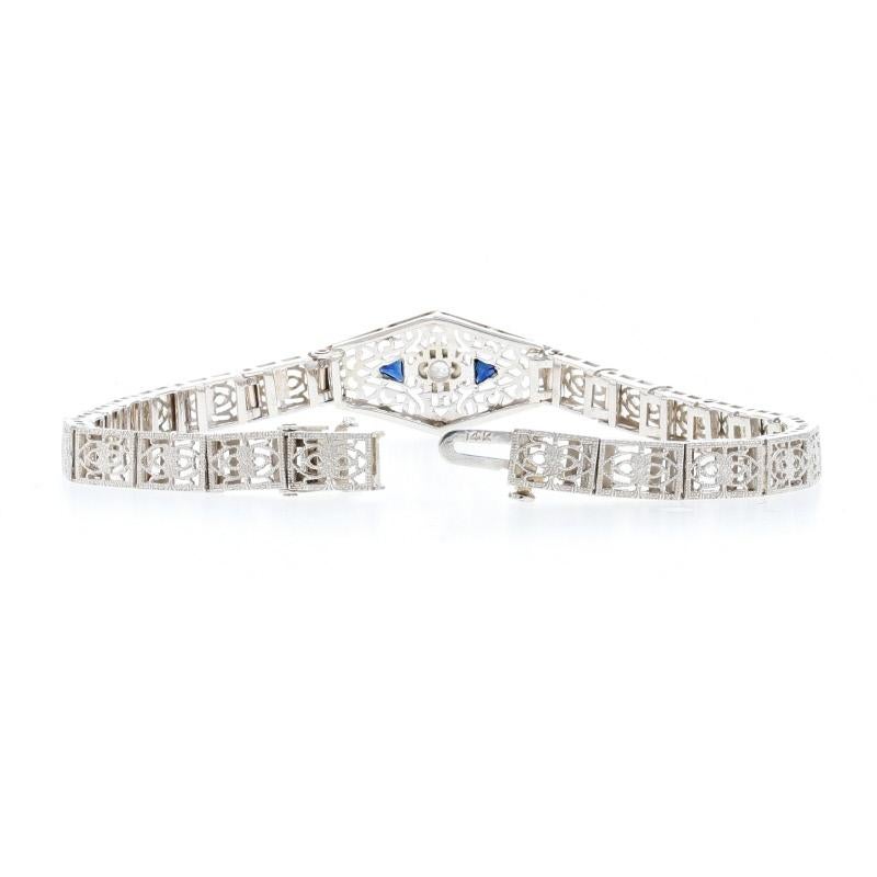 Women's White Gold Diamond & Synthetic Sapphire Art Deco Bracelet 14 Karat Single .32ctw For Sale