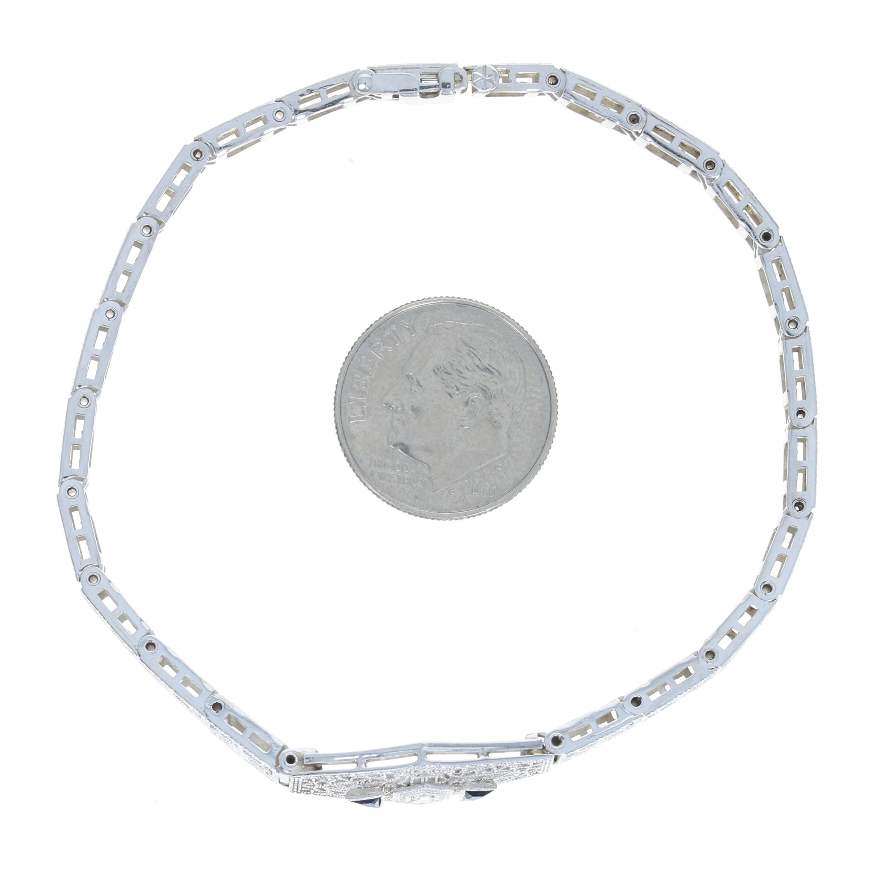 White Gold Diamond & Synthetic Sapphire Art Deco Bracelet 14 Karat Single .32ctw For Sale 1