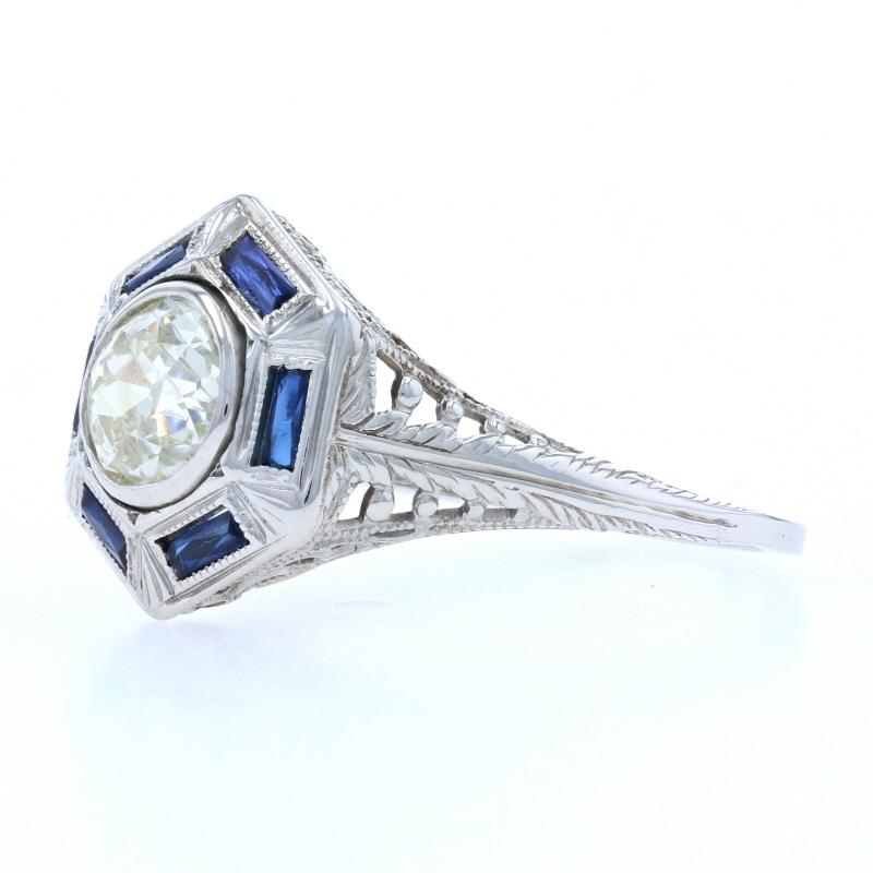 Uncut White Gold Diamond & Synthetic Sapphire Art Deco Halo Ring, 18k European 1.00ct