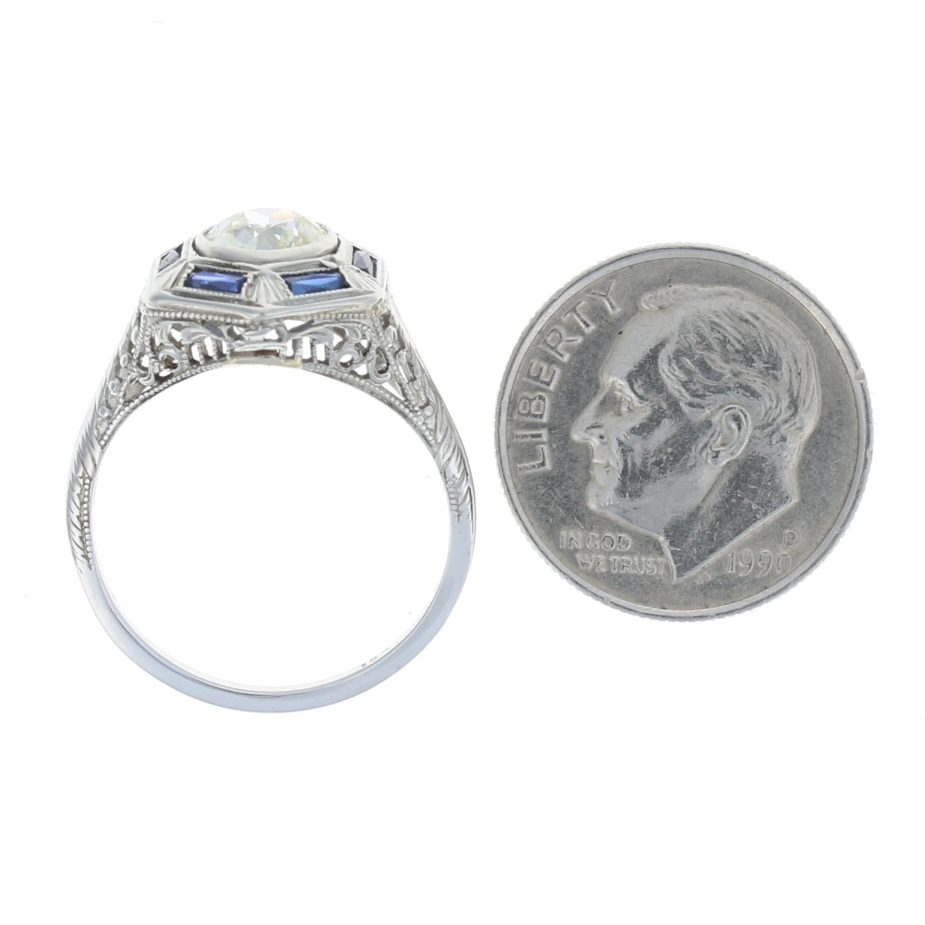Women's or Men's White Gold Diamond & Synthetic Sapphire Art Deco Halo Ring, 18k European 1.00ct