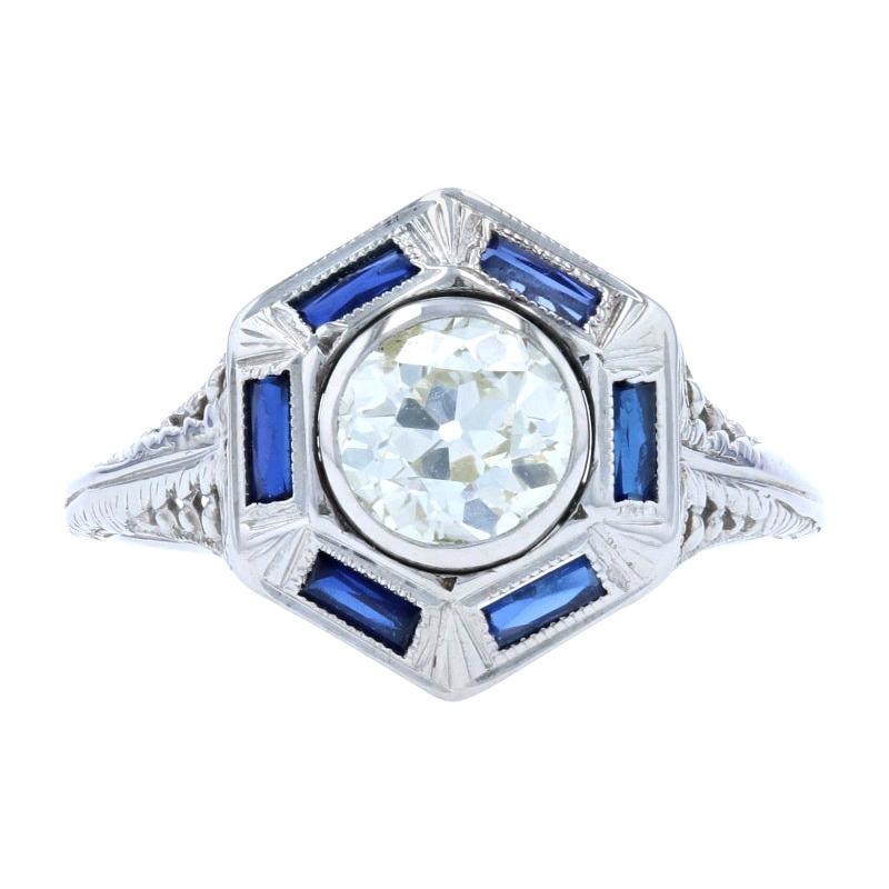 White Gold Diamond & Synthetic Sapphire Art Deco Halo Ring, 18k European 1.00ct