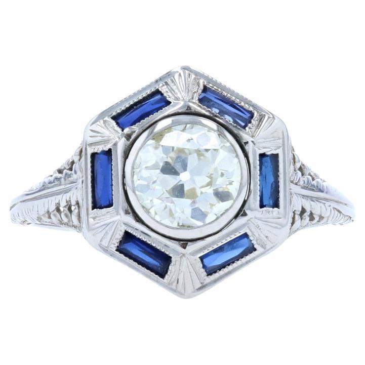 18K White Gold Natural Blue Sapphire and Halo Diamonds Art Deco Style