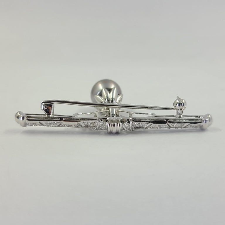 White Gold, Diamond, & Tahitian Pearl Drop Bar Pin In Good Condition For Sale In Coral Gables, FL