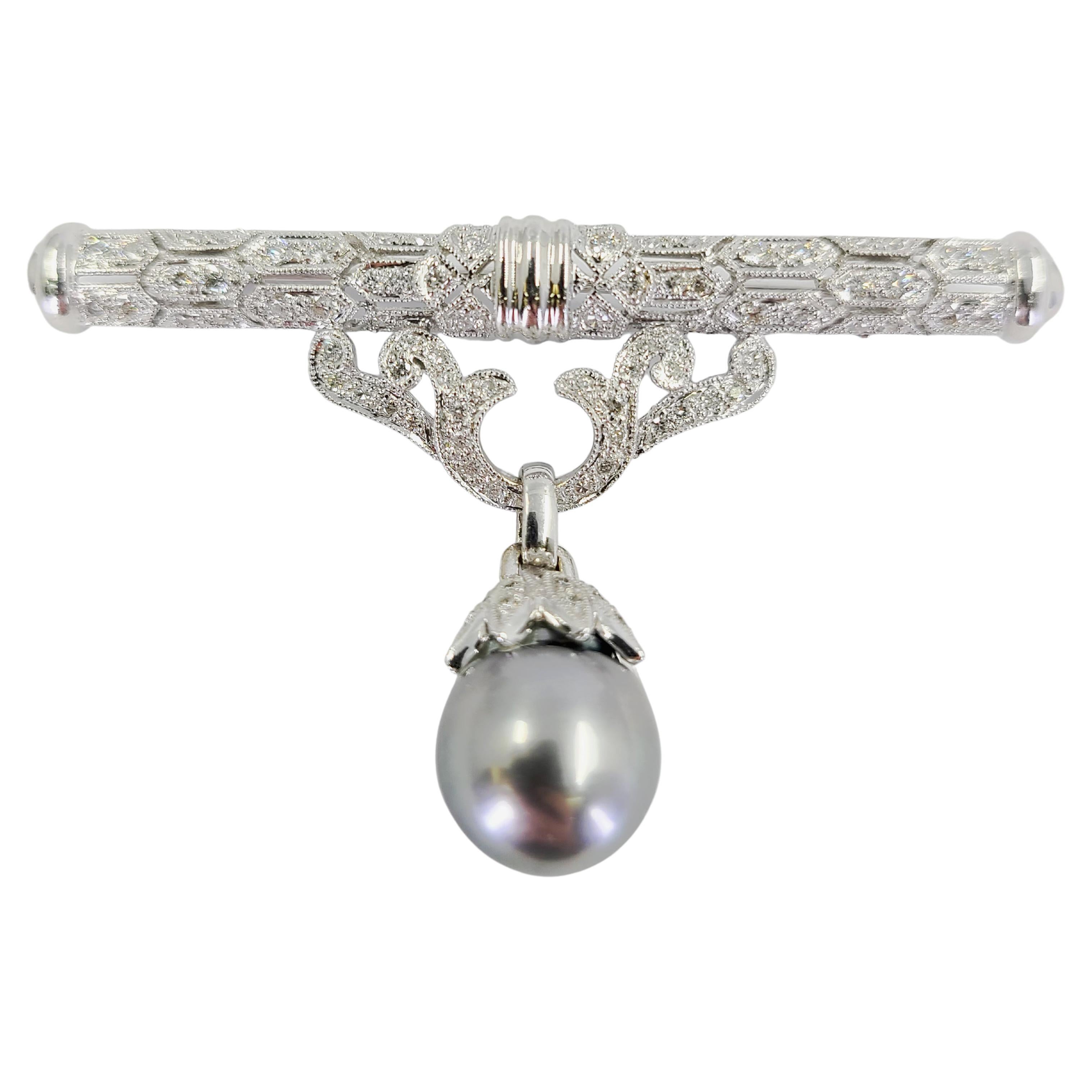 White Gold, Diamond, & Tahitian Pearl Drop Bar Pin