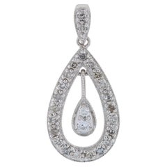 White Gold Diamond Teardrop Halo Pendant, 10k Round Brilliant 1/4ctw Milgrain