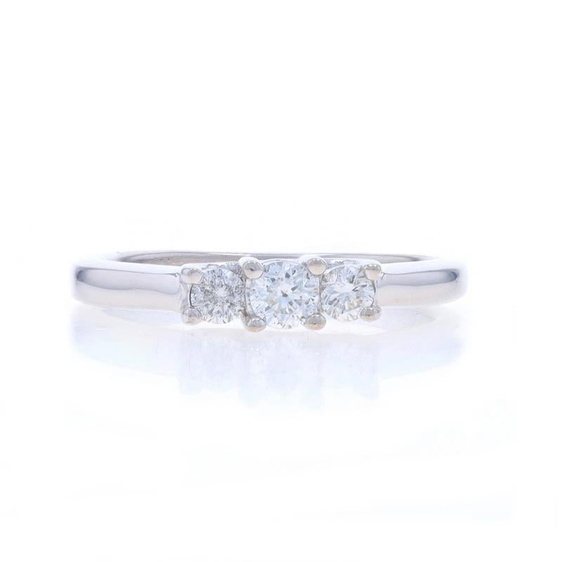 Size: 3 3/4
Sizing Fee: Up 3 sizes for $40 or Down 1 size for $40

Metal Content: 14k White Gold & 90% Platinum
Metal Note: (white gold shank with platinum prongs)

Stone Information
Natural Diamonds
Carat(s): .25ctw
Cut: Round Brilliant
Color: G -