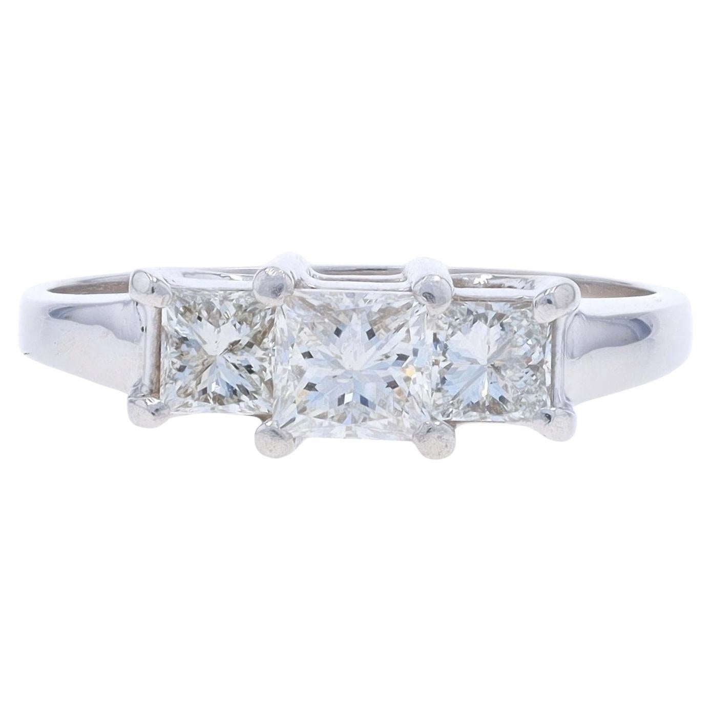 White Gold Diamond Three-Stone Engagement Ring - 14k Princess .92ctw For Sale