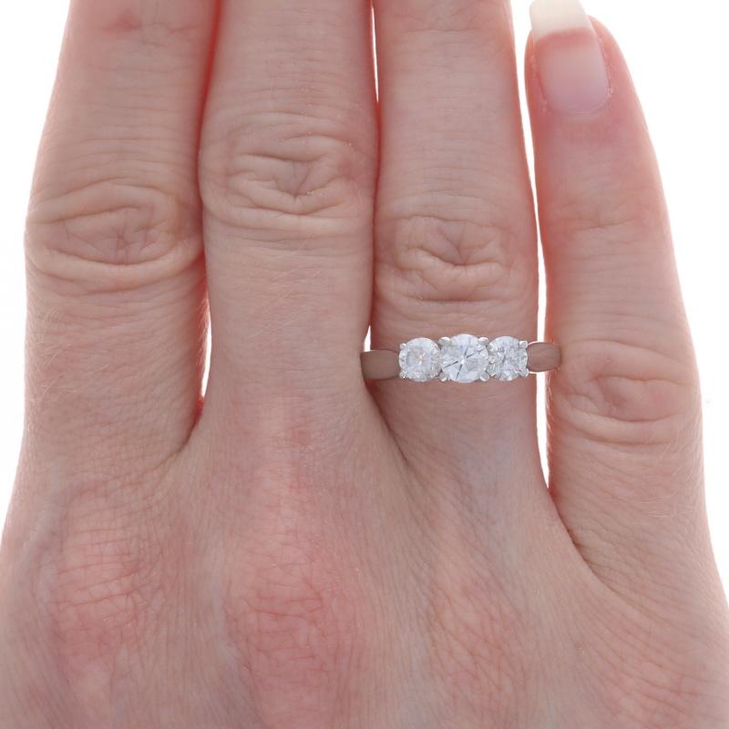 Round Cut White Gold Diamond Three-Stone Engagement Ring - 14k Round 1.10ctw Trellis For Sale