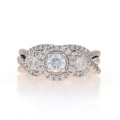White Gold Diamond Three-Stone Halo All-in-One Engagement Ring Wedding Band 14k