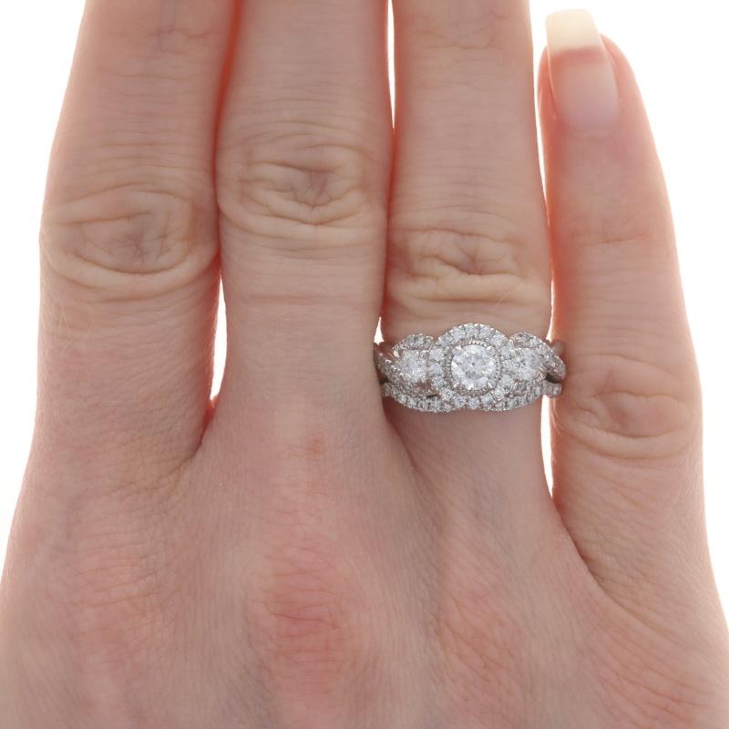 Round Cut White Gold Diamond Three-Stone Halo All-in-One Engagement Ring Wedding Band 14k For Sale