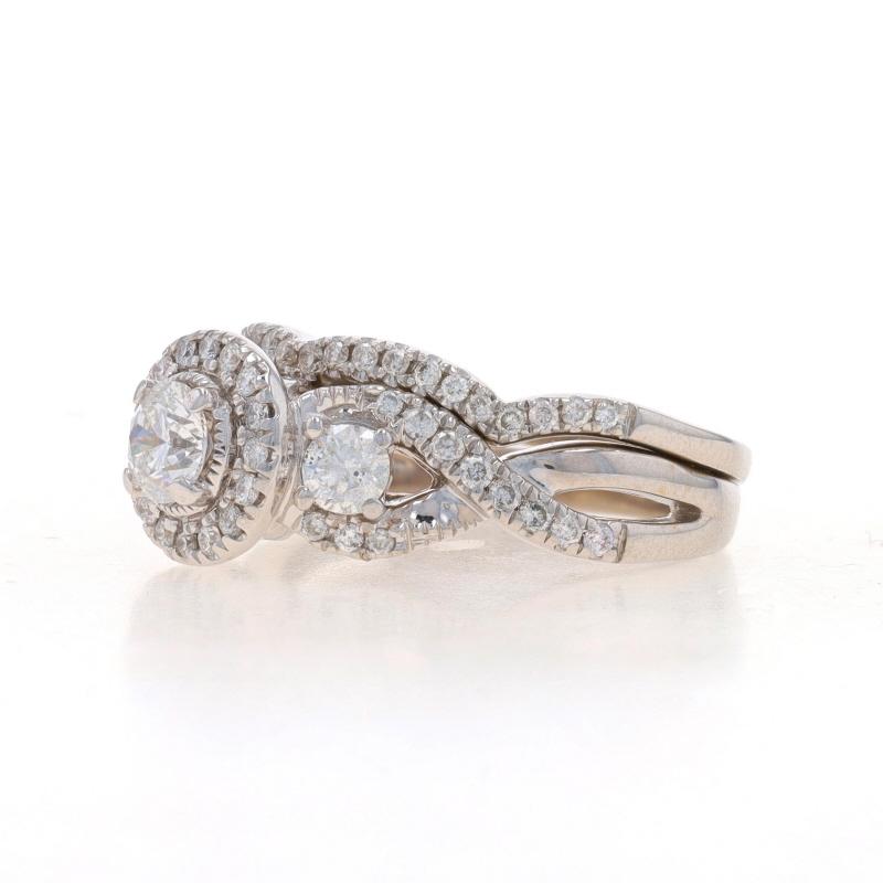 White Gold Diamond Three-Stone Halo All-in-One Engagement Ring Wedding Band 14k In Excellent Condition For Sale In Greensboro, NC