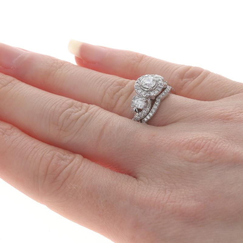 Women's White Gold Diamond Three-Stone Halo All-in-One Engagement Ring Wedding Band 14k For Sale