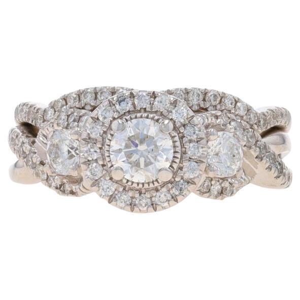 White Gold Diamond Three-Stone Halo All-in-One Engagement Ring Wedding Band 14k