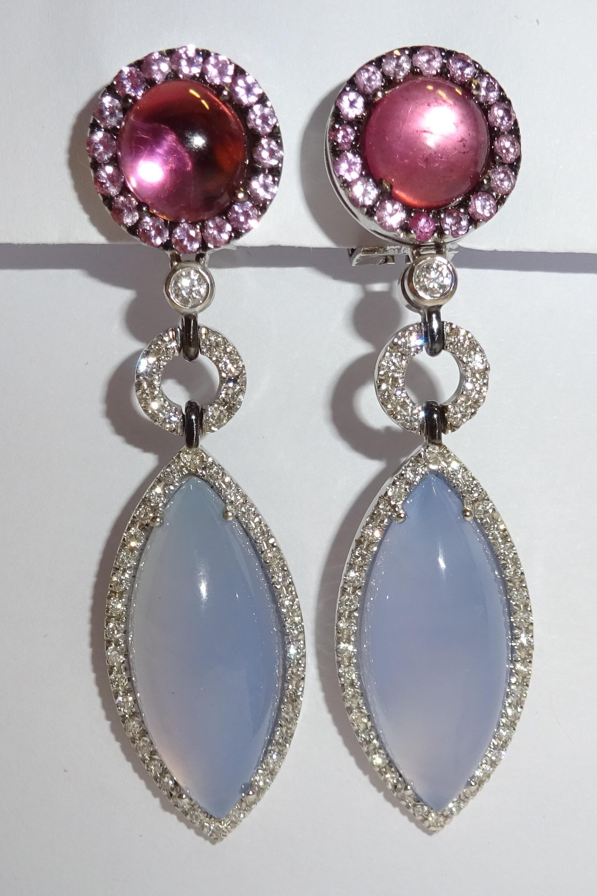 Cabochon White Gold Diamond, Tourmaline and Chalcedony Earrings