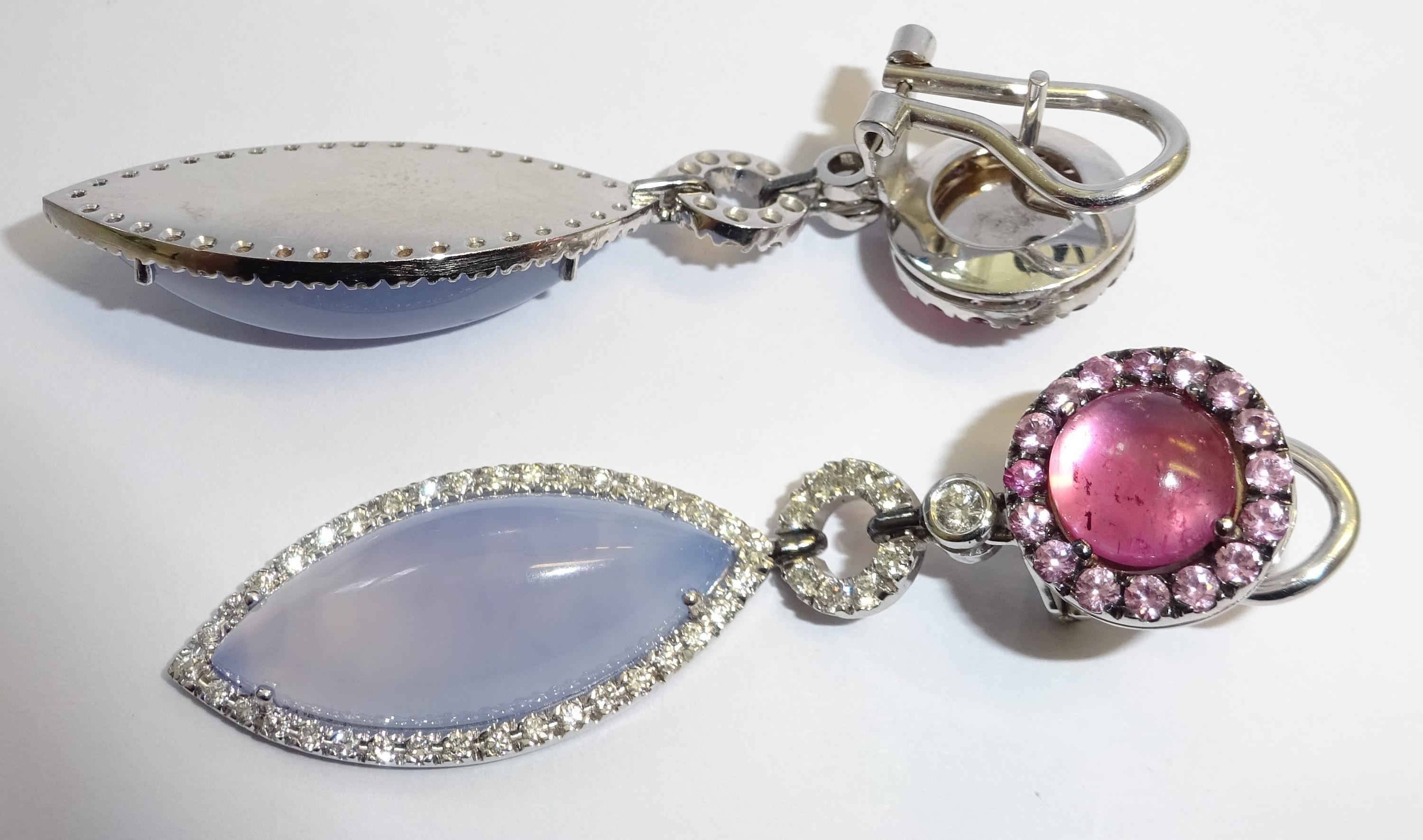 White Gold Diamond, Tourmaline and Chalcedony Earrings In New Condition In Duesseldorf, DE