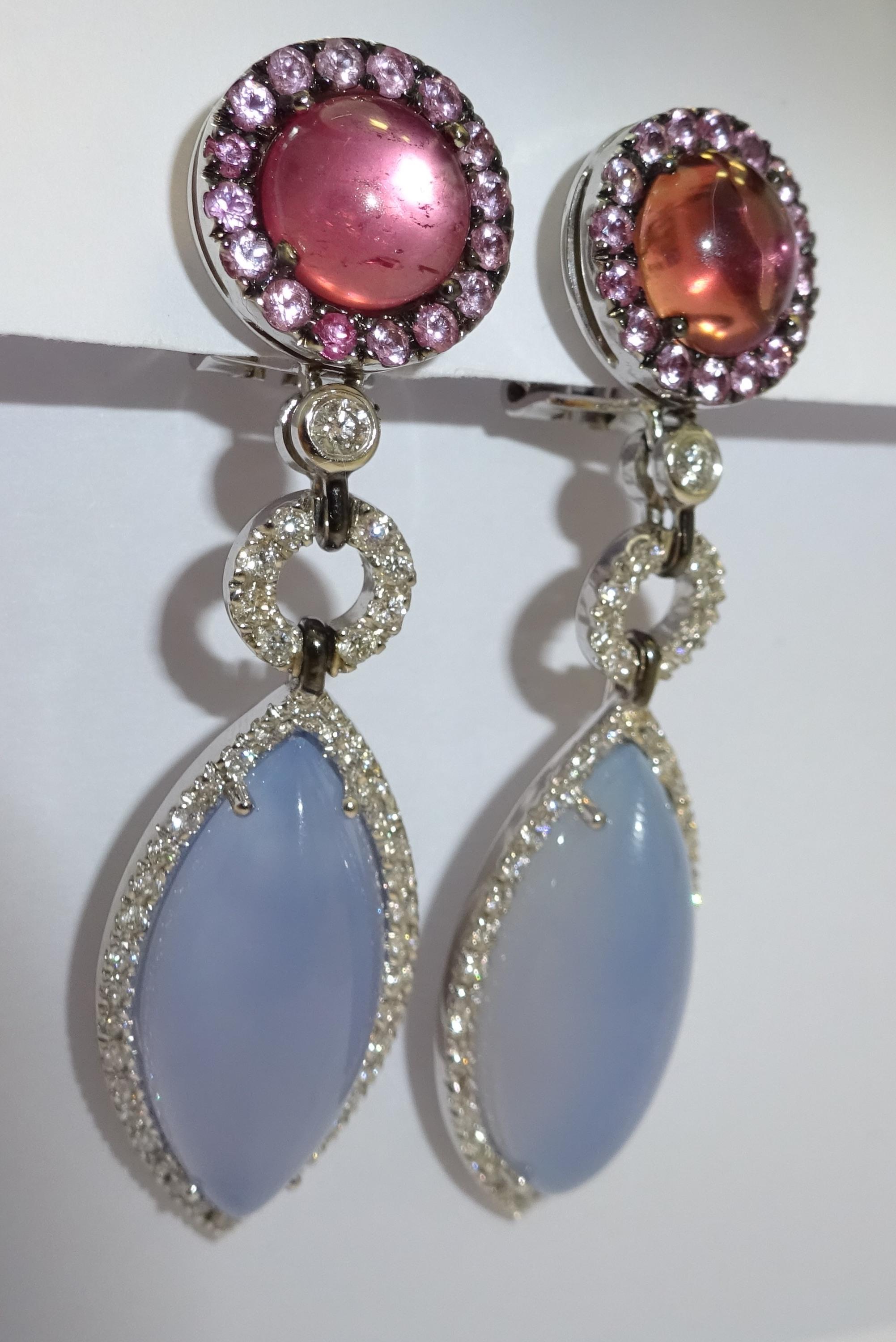 Women's White Gold Diamond, Tourmaline and Chalcedony Earrings