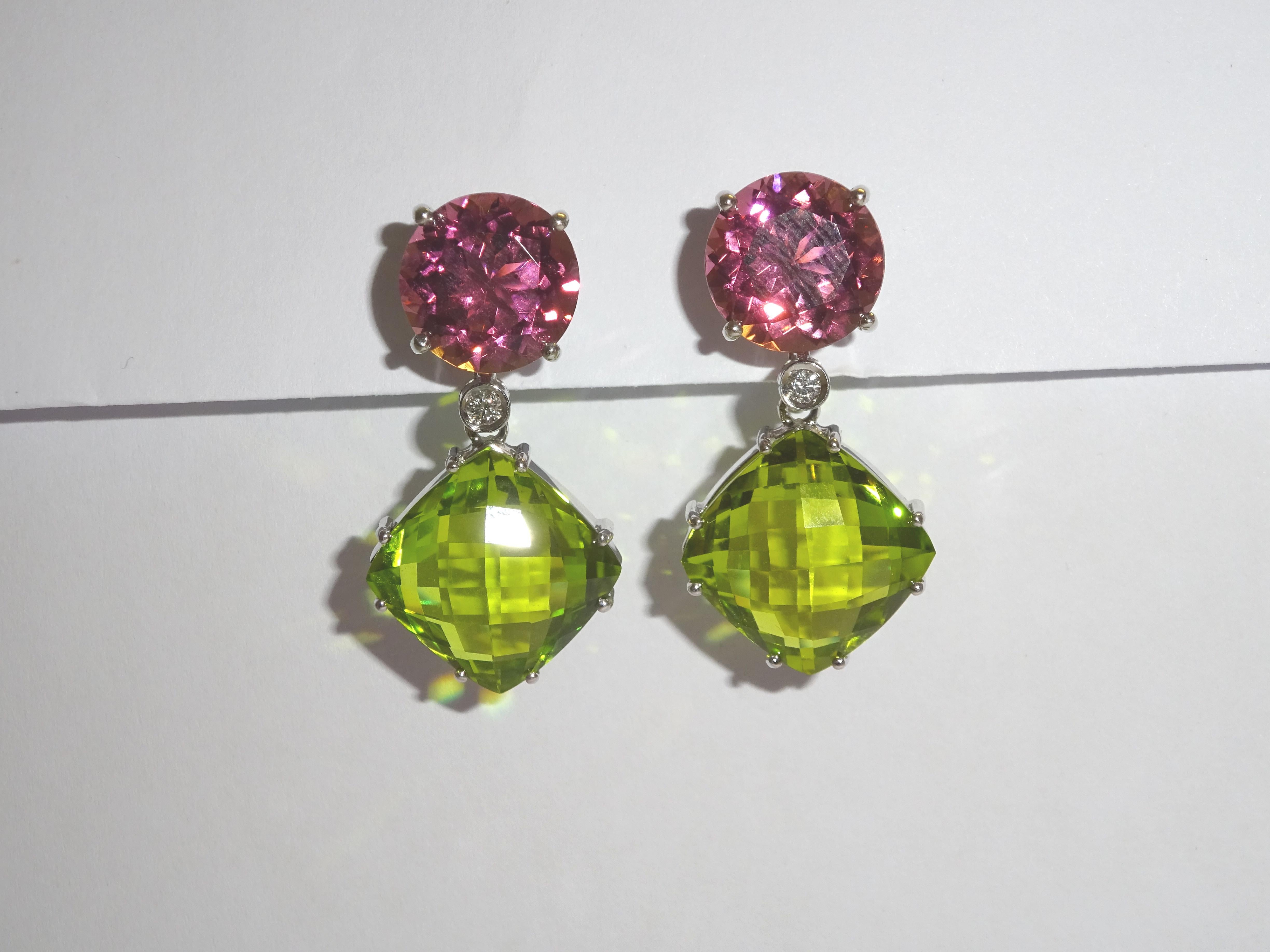 Mixed Cut White Gold Diamond, Tourmaline and Peridot Earrings For Sale