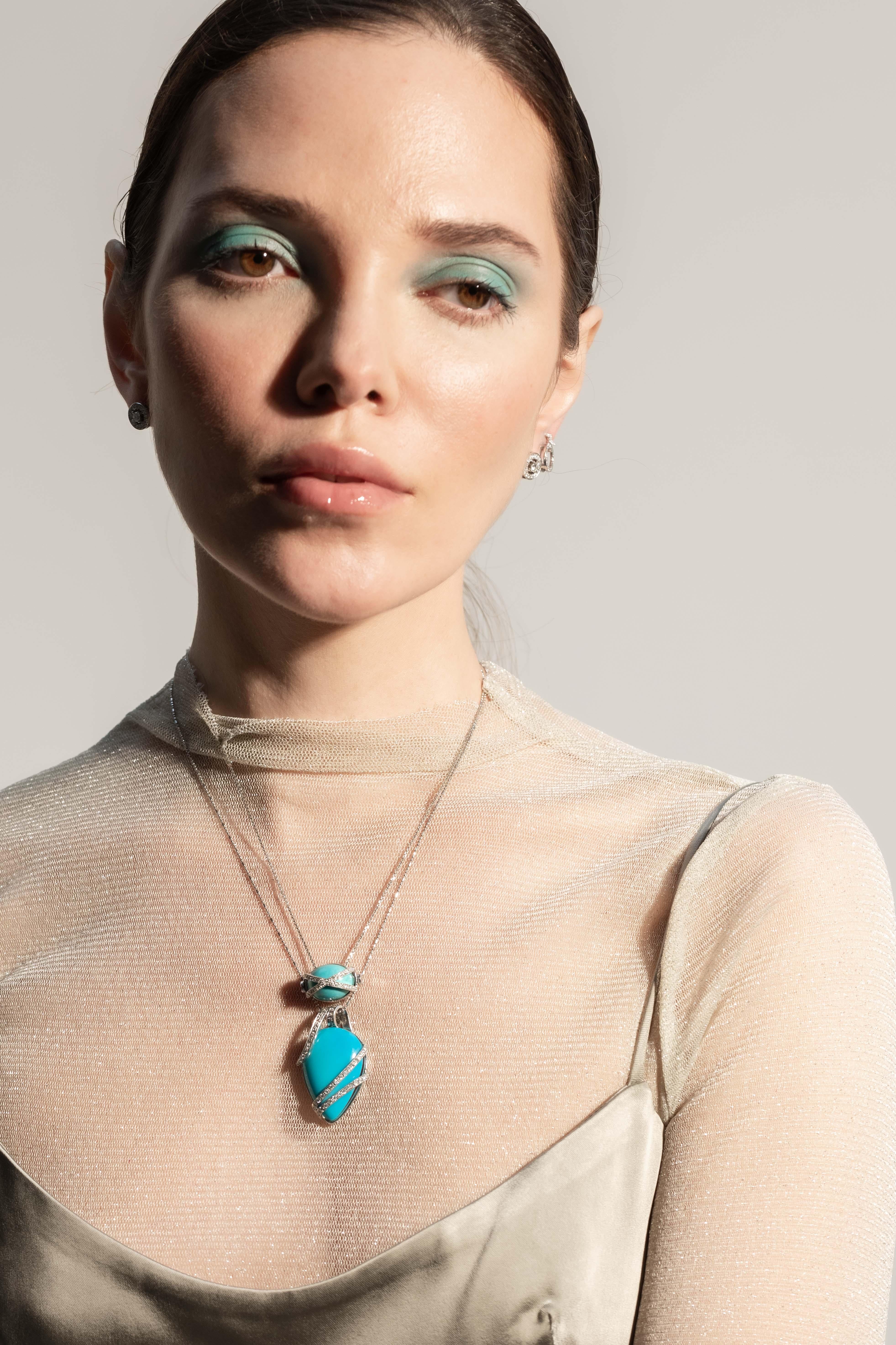 da uomo o donna Collana convertibile con diamanti e turchesi in oro bianco in vendita