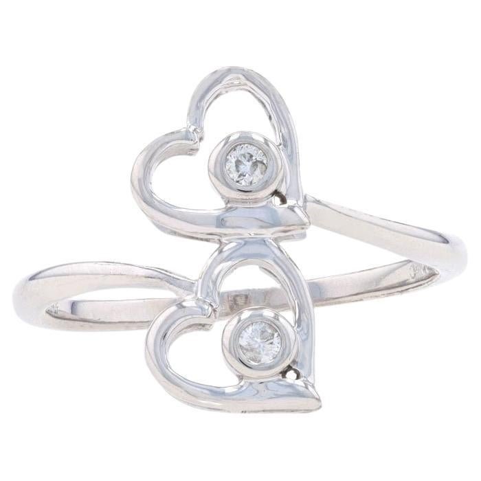 White Gold Diamond Two-Stone Bypass Ring - 14k Round Brilliant Two Hearts Love For Sale