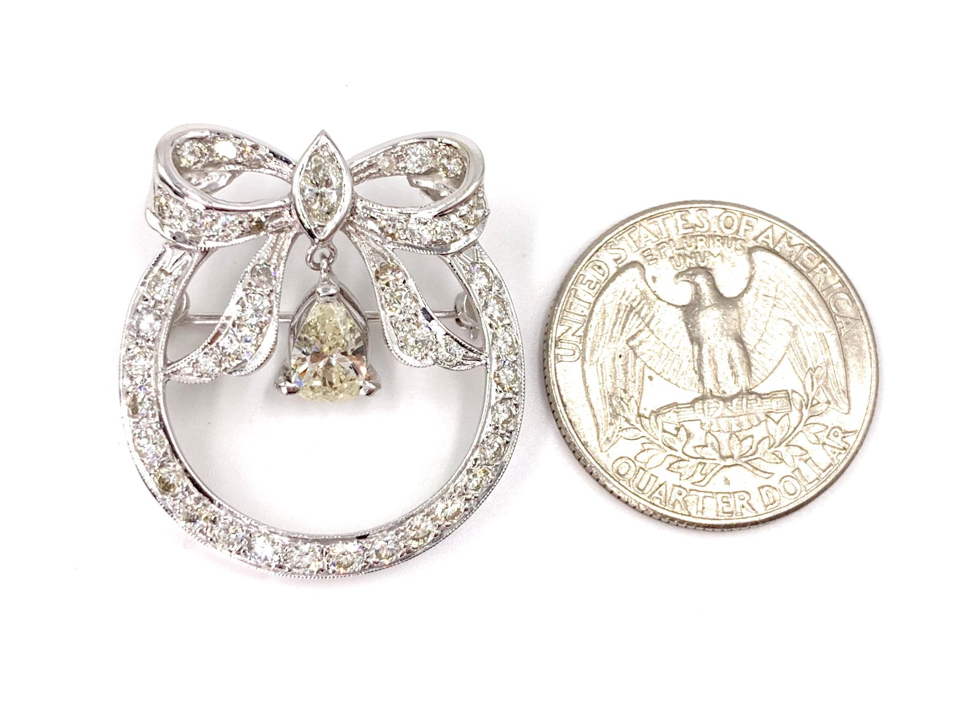 Women's or Men's White Gold Diamond Vintage Bow Pendant or Brooch For Sale