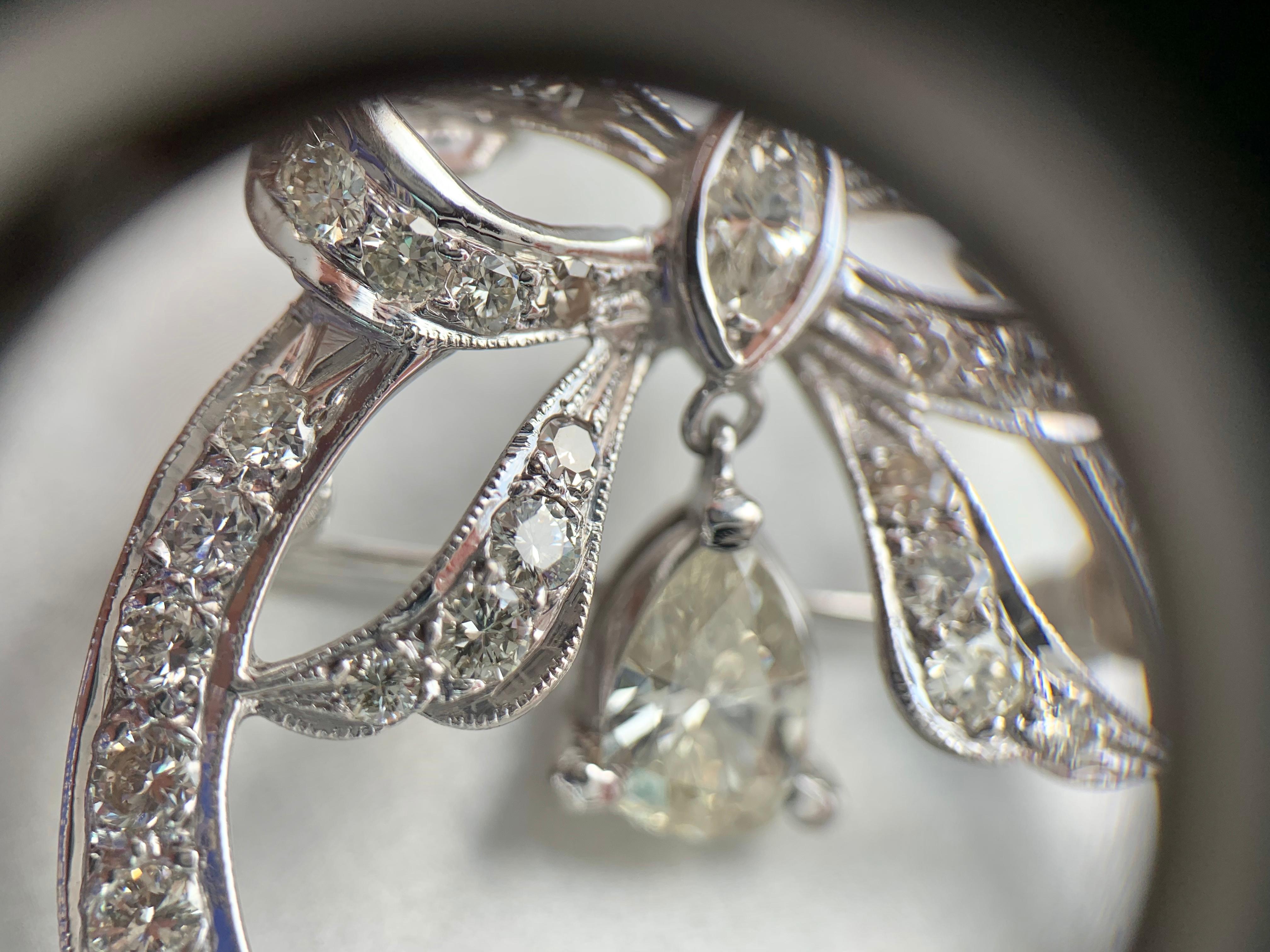 White Gold Diamond Vintage Bow Pendant or Brooch For Sale 3