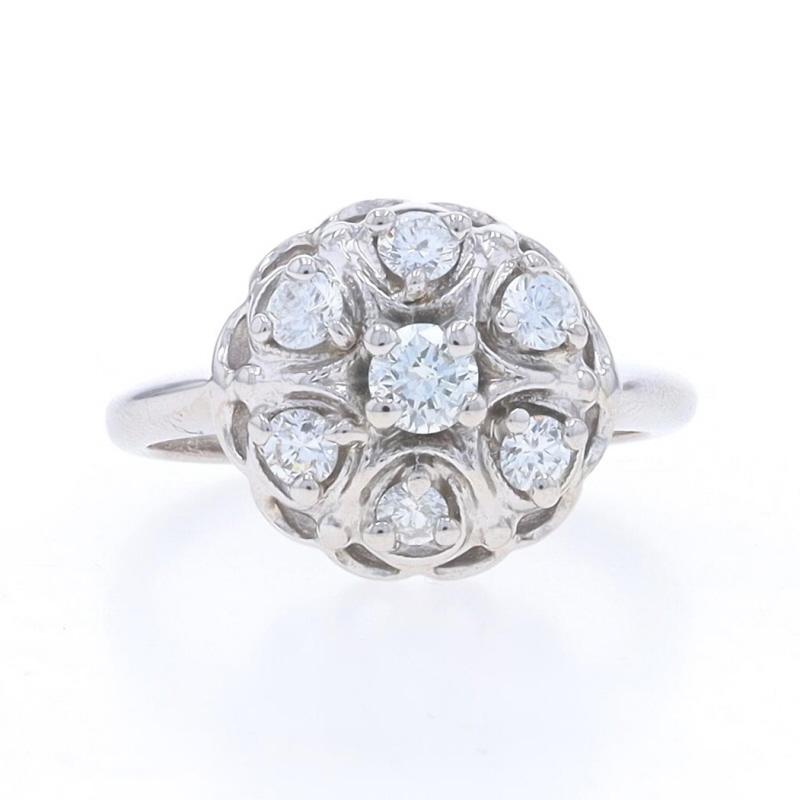 Size: 5
Sizing Fee: Up 2 sizes for $35 or Down 1 size for $35

Era: Vintage

Metal Content: 14k White Gold

Stone Information
Natural Diamonds
Carat(s): .53ctw
Cut: Round Brilliant
Color: G - H
Clarity: SI1 - SI2

Total Carats: .53ctw

Style: