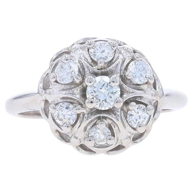 White Gold Diamond Vintage Cluster Cocktail Halo Ring -14k Round .53ctw Milgrain For Sale