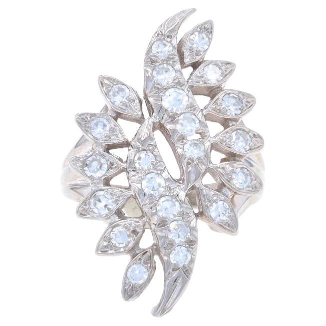 White Gold Diamond Vintage Cluster Cocktail Ring - 14k Single .55ctw Leaf Spray