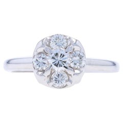 White Gold Diamond Vintage Cluster Engagement Ring - 14k Round Brilliant .37ctw
