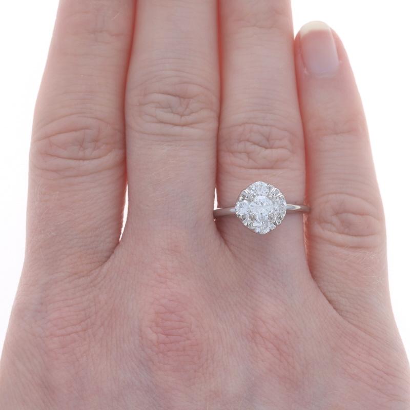 Round Cut White Gold Diamond Vintage Cluster Engagement Ring - 14k Round Brilliant .90ctw For Sale