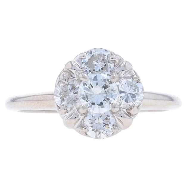 White Gold Diamond Vintage Cluster Engagement Ring - 14k Round Brilliant .90ctw For Sale