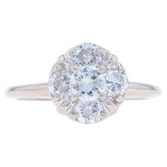 White Gold Diamond Vintage Cluster Engagement Ring - 14k Round Brilliant .90ctw