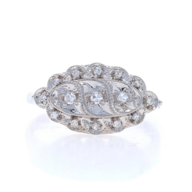 Size: 6
Sizing Fee: Up 2 sizes for $40 or Down 1 1/2 sizes for $40

Era: Vintage

Metal Content: 14k White Gold

Stone Information

Natural Diamonds
Carat(s): .12ctw
Cut: Single
Color: G - H
Clarity: VS2 - SI1

Total Carats: .12ctw

Style: