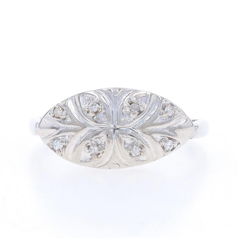 Size: 6 1/4
Sizing Fee: Up 1 1/2 sizes for $35 or Down 1 size for $35

Era: Vintage

Metal Content: 14k White Gold

Stone Information

Natural Diamonds
Carat(s): .08ctw
Cut: Single
Color: G - H
Clarity: SI2 - I1

Style: Cluster
Theme: Floral