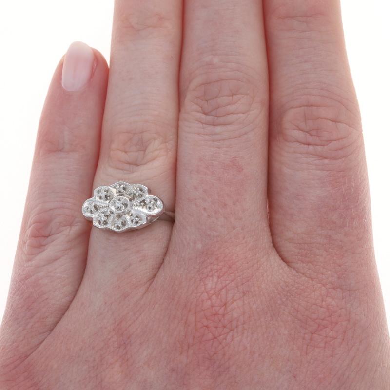 Single Cut White Gold Diamond Vintage Cluster Ring - 14k Single Floral Scallop Milgrain For Sale