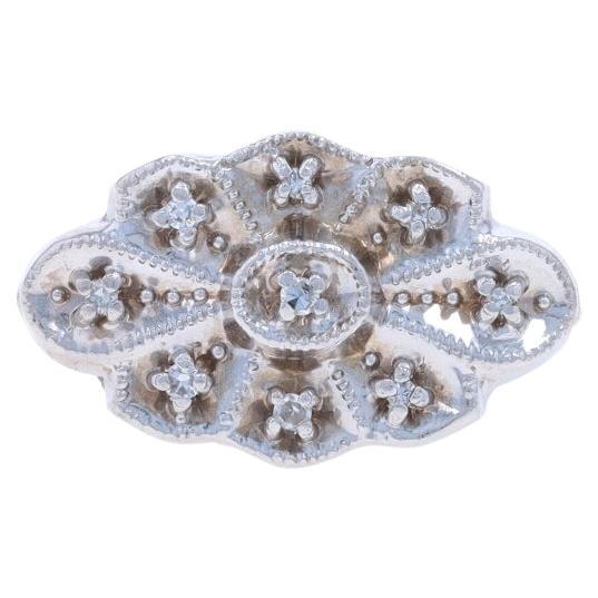 White Gold Diamond Vintage Cluster Ring - 14k Single Floral Scallop Milgrain For Sale